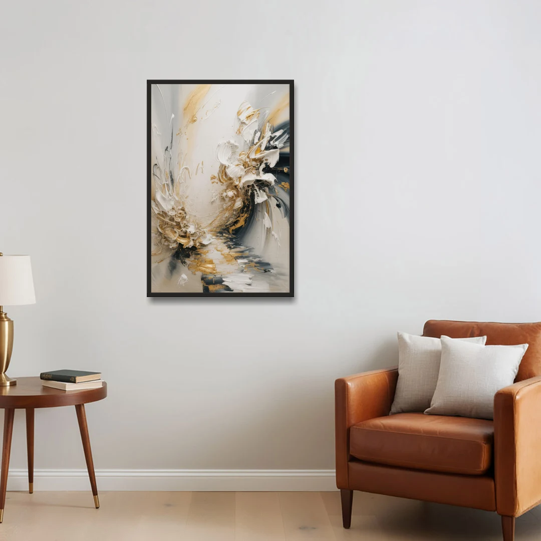 Opulent Gestures White and Gold - Black Framed Canvas Wall Art - Sofa - 24x36