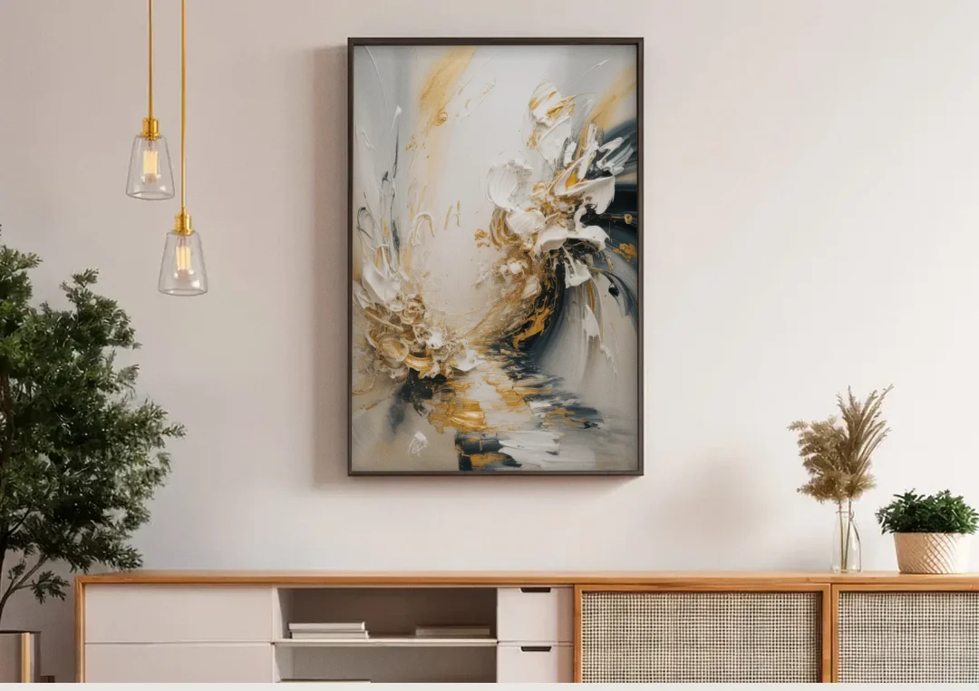 Opulent Gestures White and Gold canvas wall art above a wooden sideboard under pendant lights
