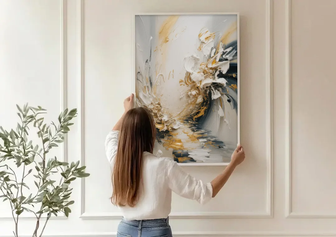 Opulent Gestures White and Gold canvas wall art being hung on a paneled wall