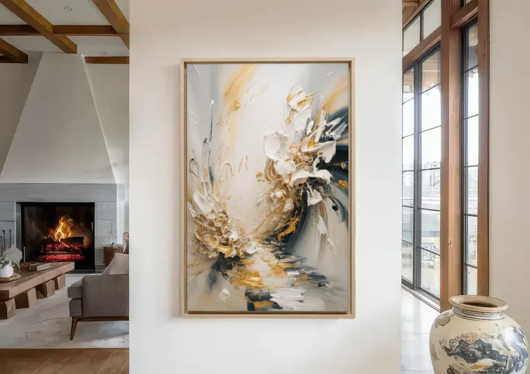 Opulent Gestures White and Gold canvas wall art in a living room with a fireplace