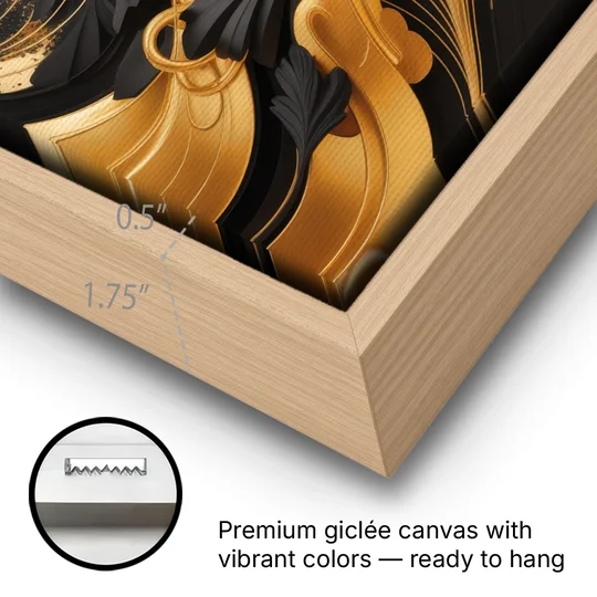 Opulent Harmony Black and Gold Abstract - Oak Framed Canvas Wall Art - Gallery Wrap Corner