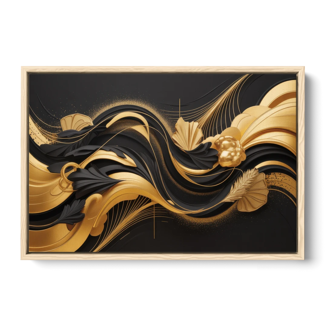 Opulent Harmony Black and Gold Abstract - Oak Framed Canvas Wall Art - Front