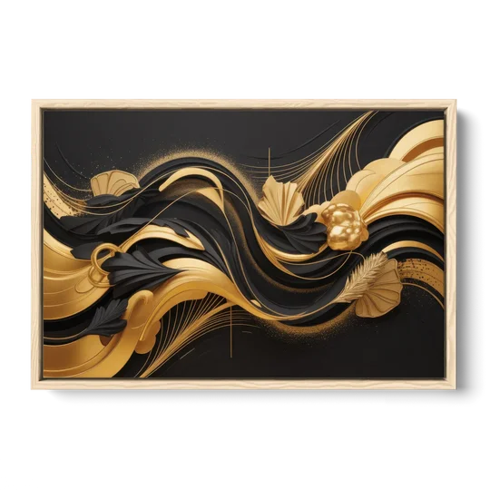 Opulent Harmony Black and Gold Abstract - Oak Framed Canvas Wall Art - Front