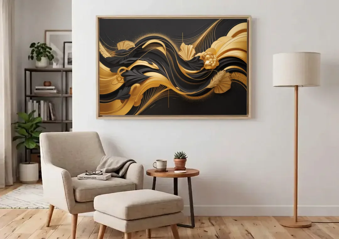 Opulent Harmony Black and Gold Abstract canvas wall art above an armchair in a bright living room