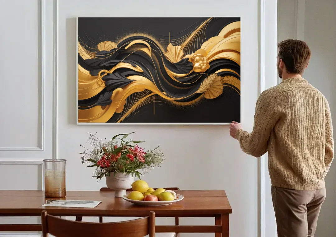 Opulent Harmony Black and Gold Abstract canvas wall art above a dining table