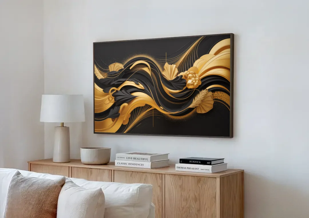 Opulent Harmony Black and Gold Abstract canvas wall art above a wooden sideboard next to a sofa