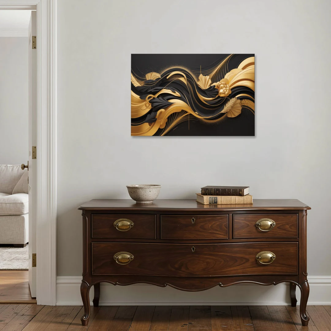 Opulent Harmony Black and Gold Abstract - Canvas Wall Art - Coffee Table - 36x24