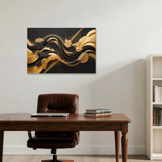Opulent Harmony Black and Gold Abstract - Canvas Wall Art - Office - 36x24