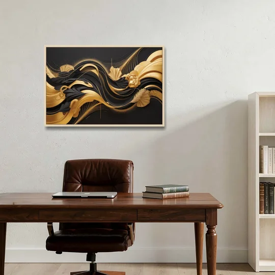 Opulent Harmony Black and Gold Abstract - Oak Framed Canvas Wall Art - Office - 36x24