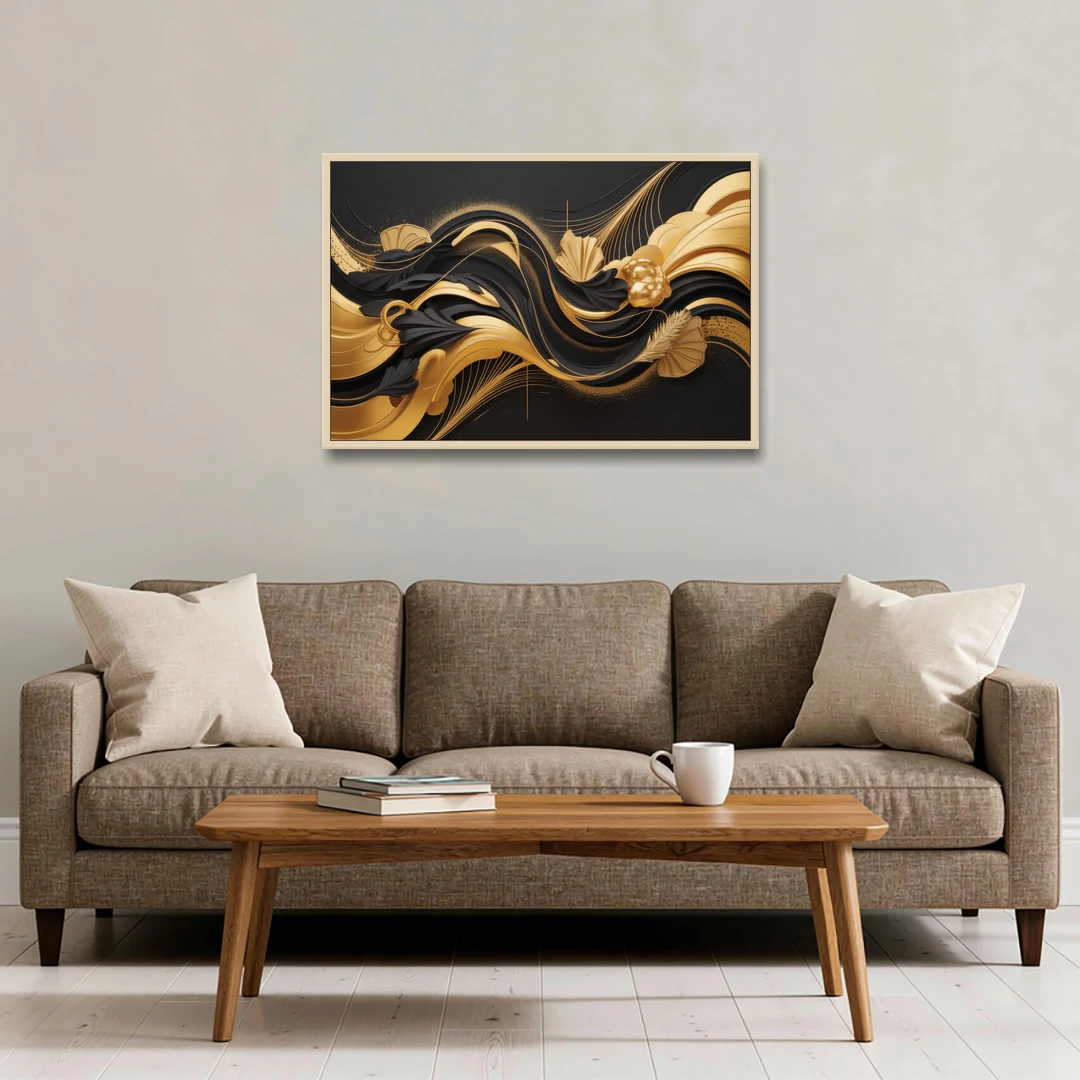 Opulent Harmony Black and Gold Abstract - Oak Framed Canvas Wall Art - Sofa - 36x24