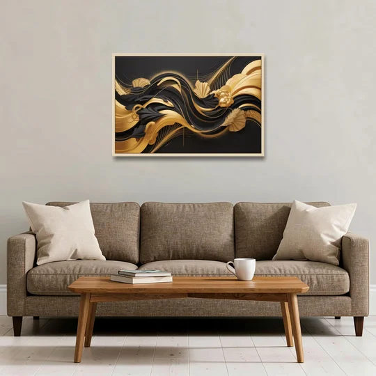 Opulent Harmony Black and Gold Abstract - Oak Framed Canvas Wall Art - Sofa - 36x24