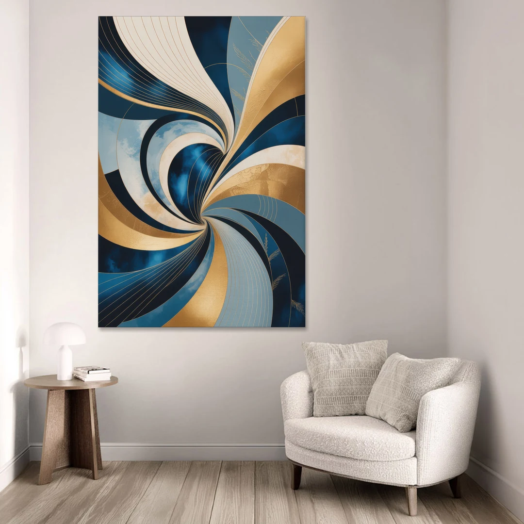 Opulent Harmony Blue and Gold Abstract - Canvas Wall Art - Sofa - 40x60