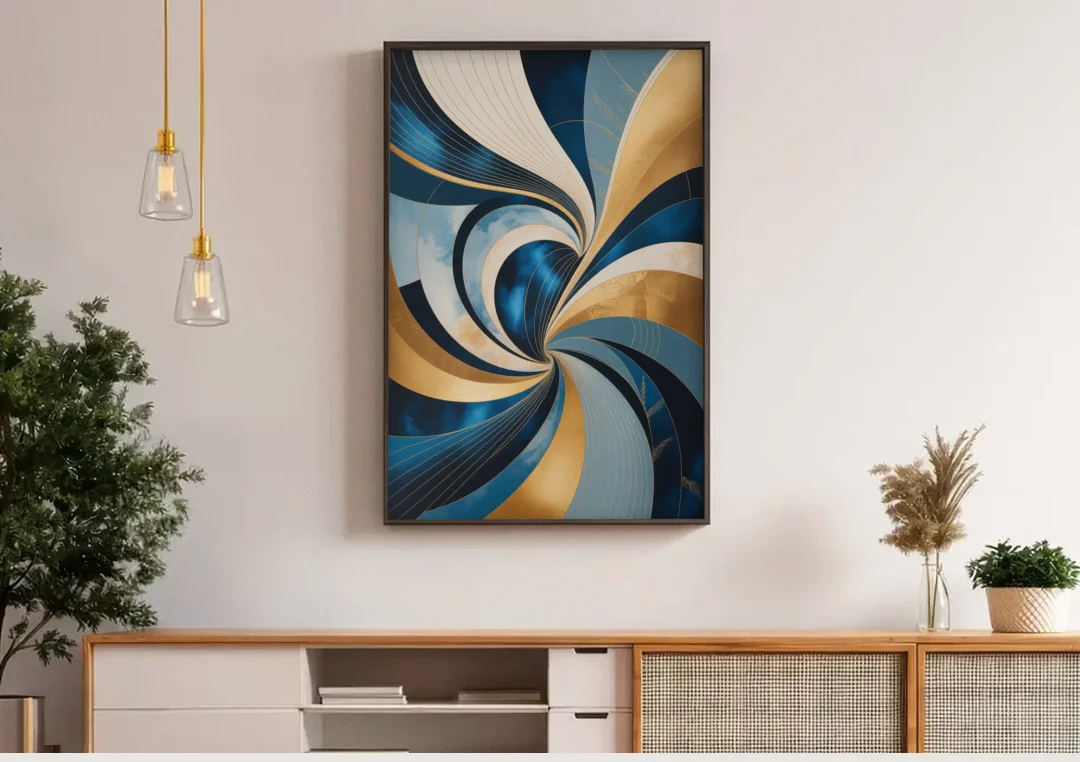 Opulent Harmony Blue and Gold Abstract canvas wall art above a wooden sideboard under pendant lights