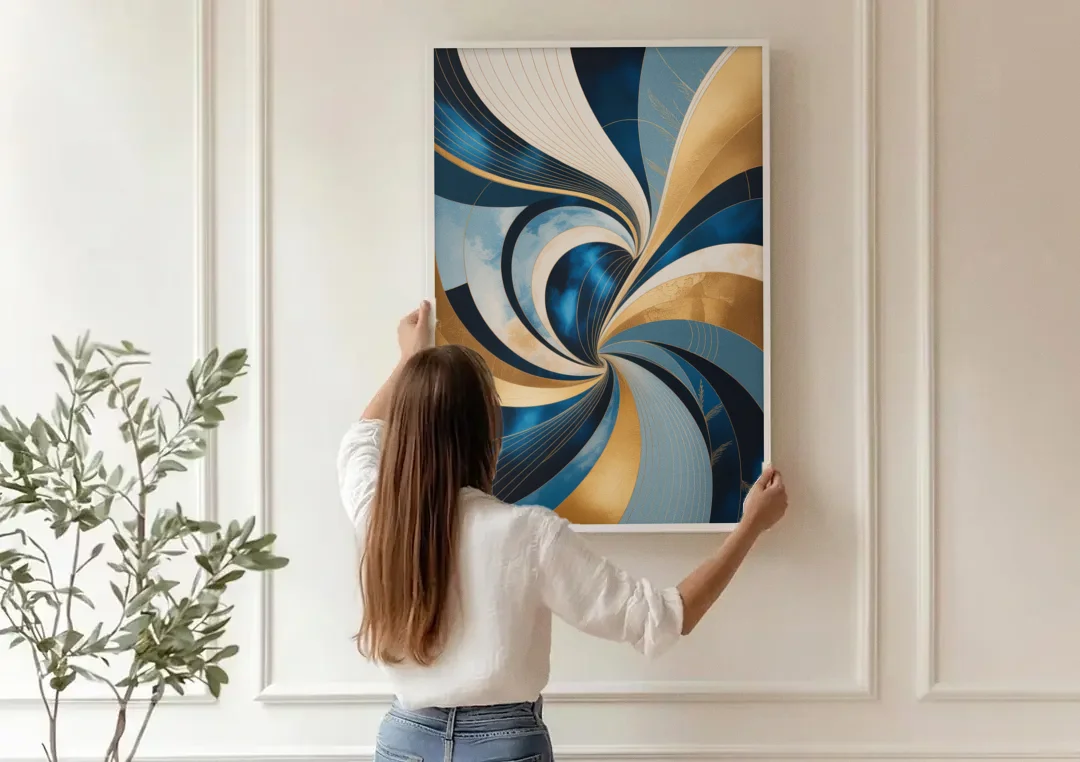 Opulent Harmony Blue and Gold Abstract canvas wall art being hung on a paneled wall