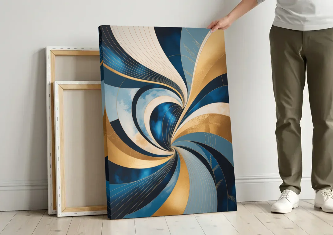 Opulent Harmony Blue and Gold Abstract canvas wall art leaning against a wall next to blank canvases