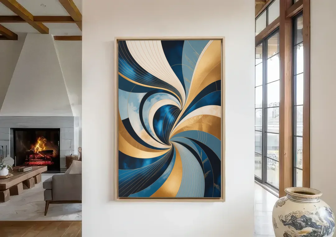 Opulent Harmony Blue and Gold Abstract canvas wall art in a living room with a fireplace