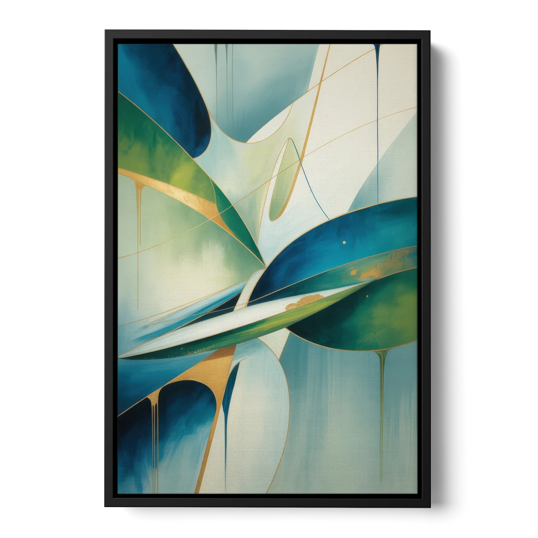 Opulent Harmony Blue and Green Abstract - Black Framed Canvas Wall Art - Front