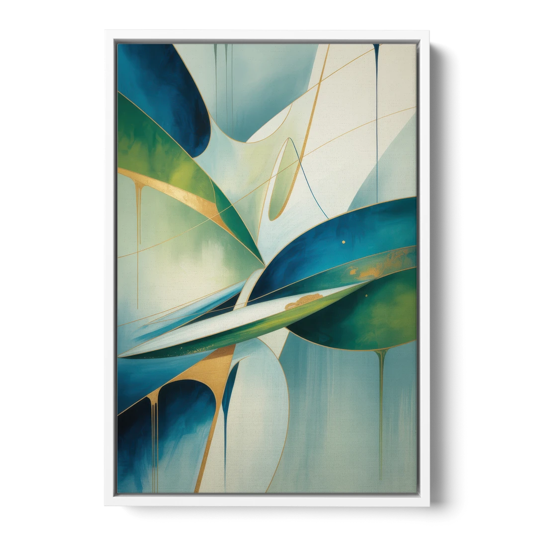 Opulent Harmony Blue and Green Abstract - White Framed Canvas Wall Art - Front