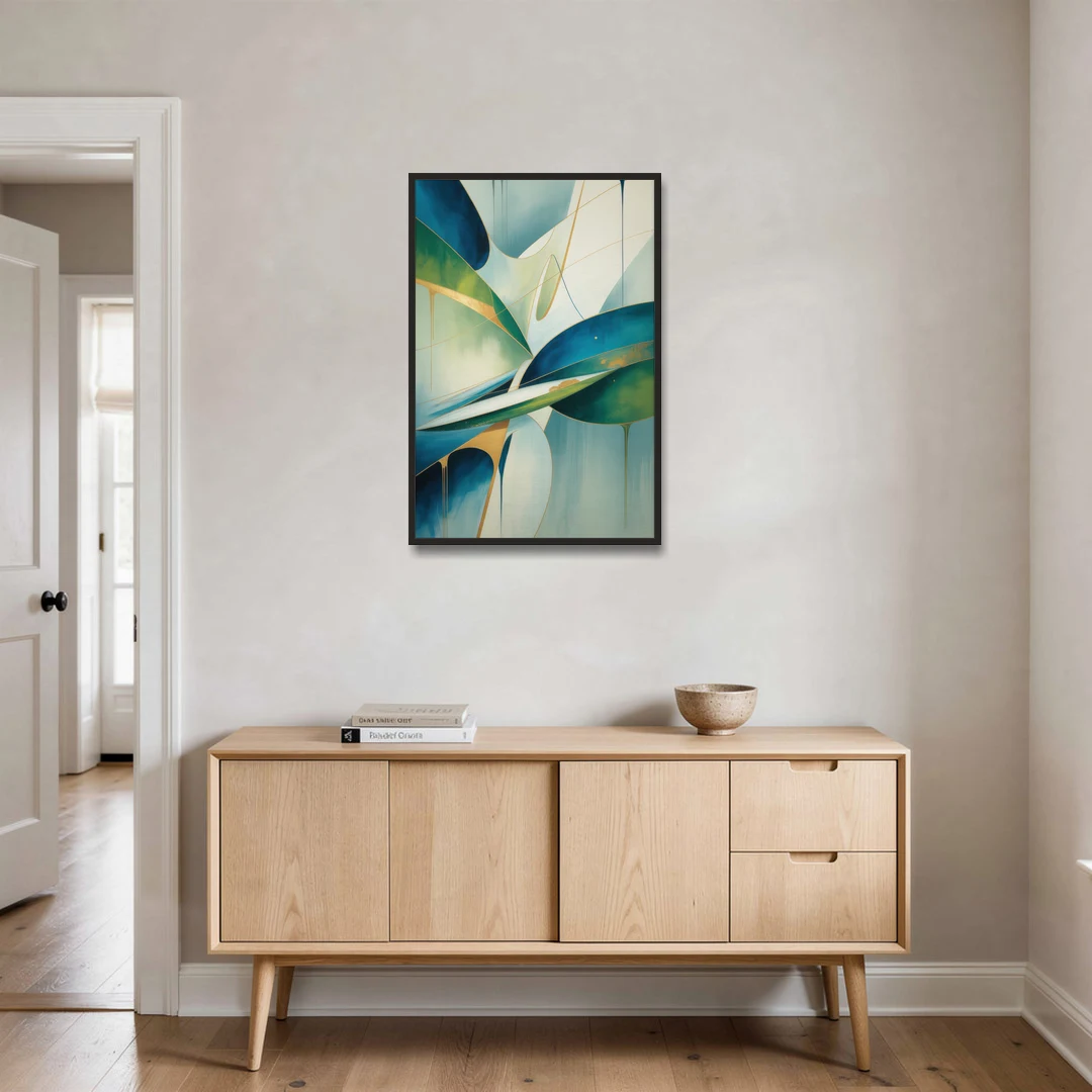 Opulent Harmony Blue and Green Abstract - Black Framed Canvas Wall Art - Coffee Table - 24x36