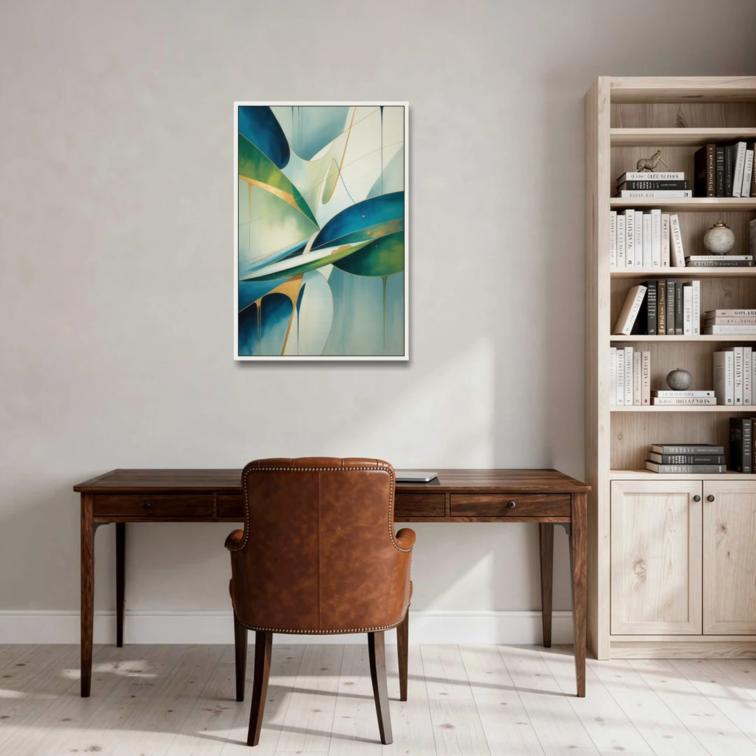 Opulent Harmony Blue and Green Abstract - White Framed Canvas Wall Art - Office - 24x36