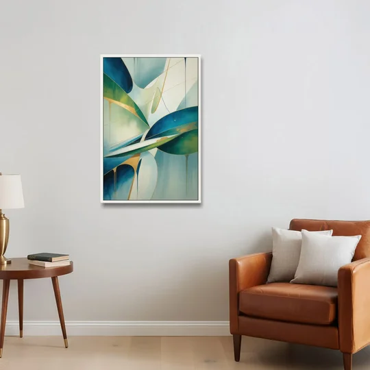 Opulent Harmony Blue and Green Abstract - White Framed Canvas Wall Art - Sofa - 24x36