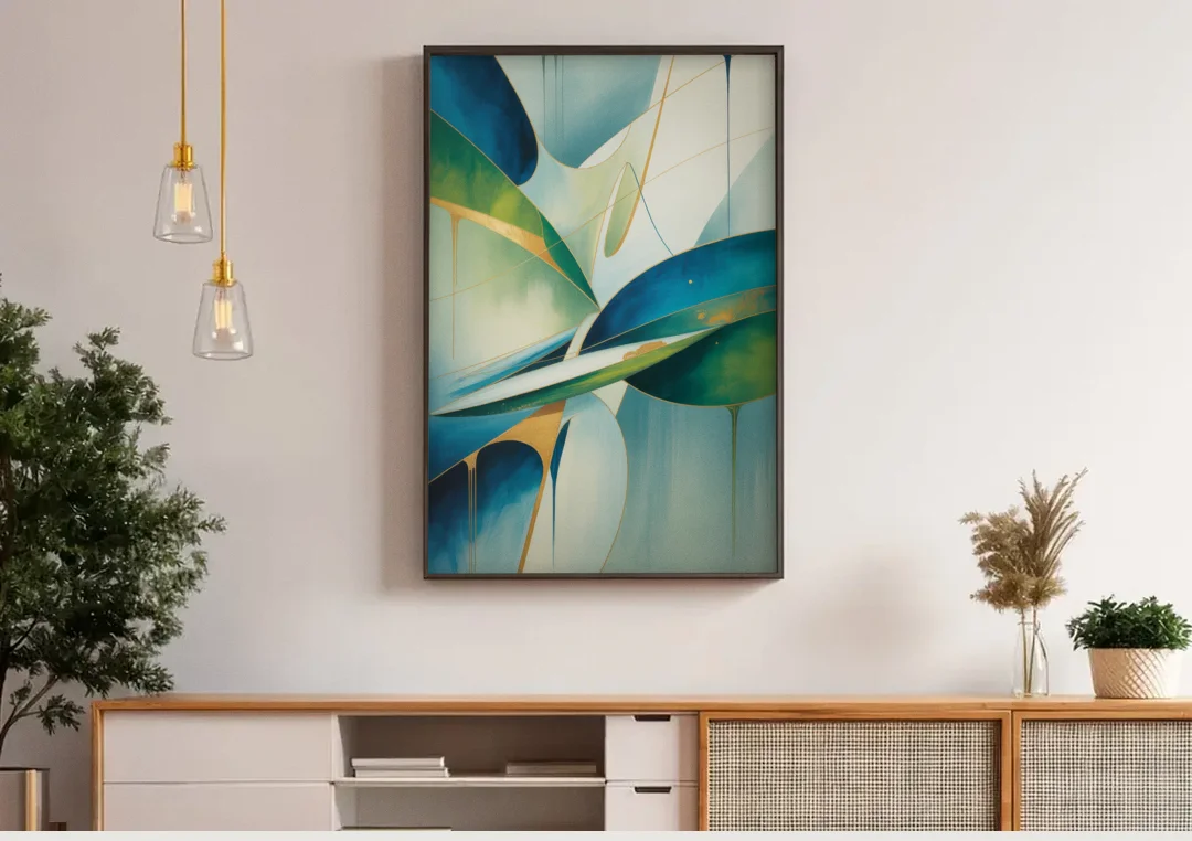Opulent Harmony Blue and Green Abstract canvas wall art above a wooden sideboard under pendant lights