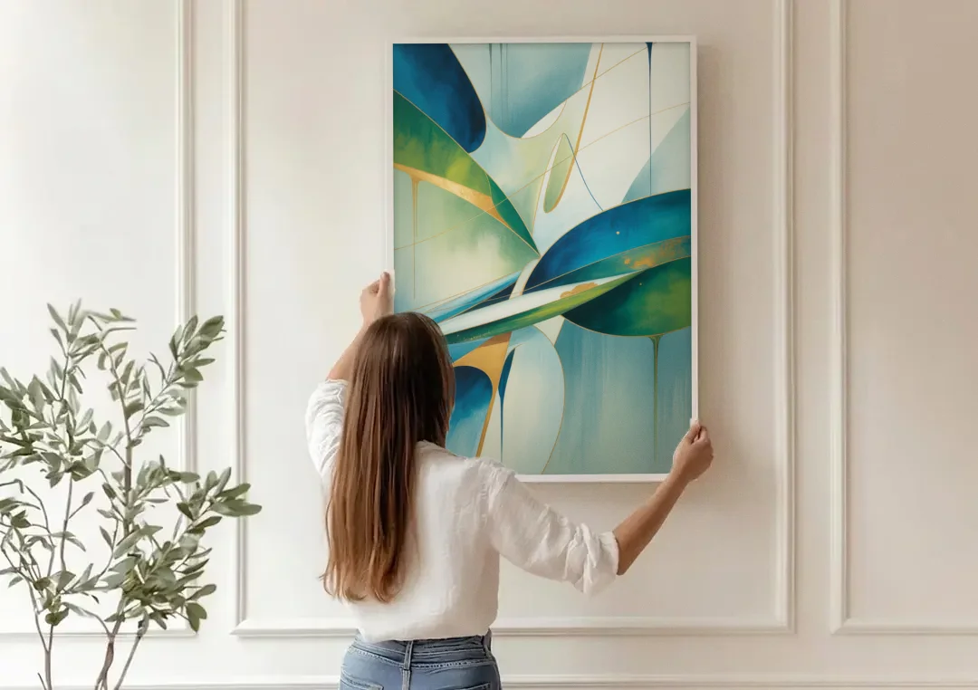 Opulent Harmony Blue and Green Abstract canvas wall art being hung on a paneled wall