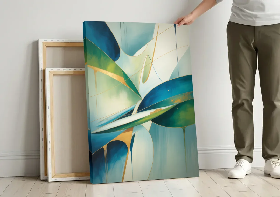 Opulent Harmony Blue and Green Abstract canvas wall art leaning against a wall next to blank canvases