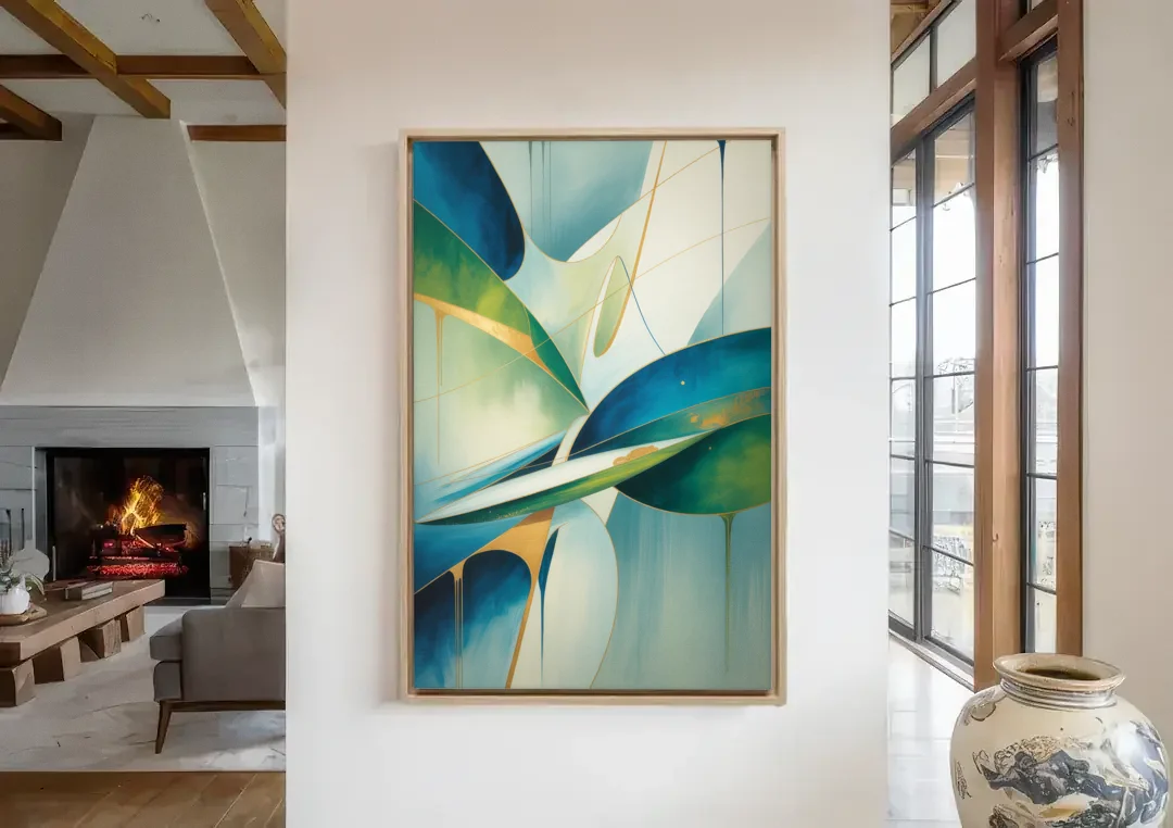 Opulent Harmony Blue and Green Abstract canvas wall art in a living room with a fireplace