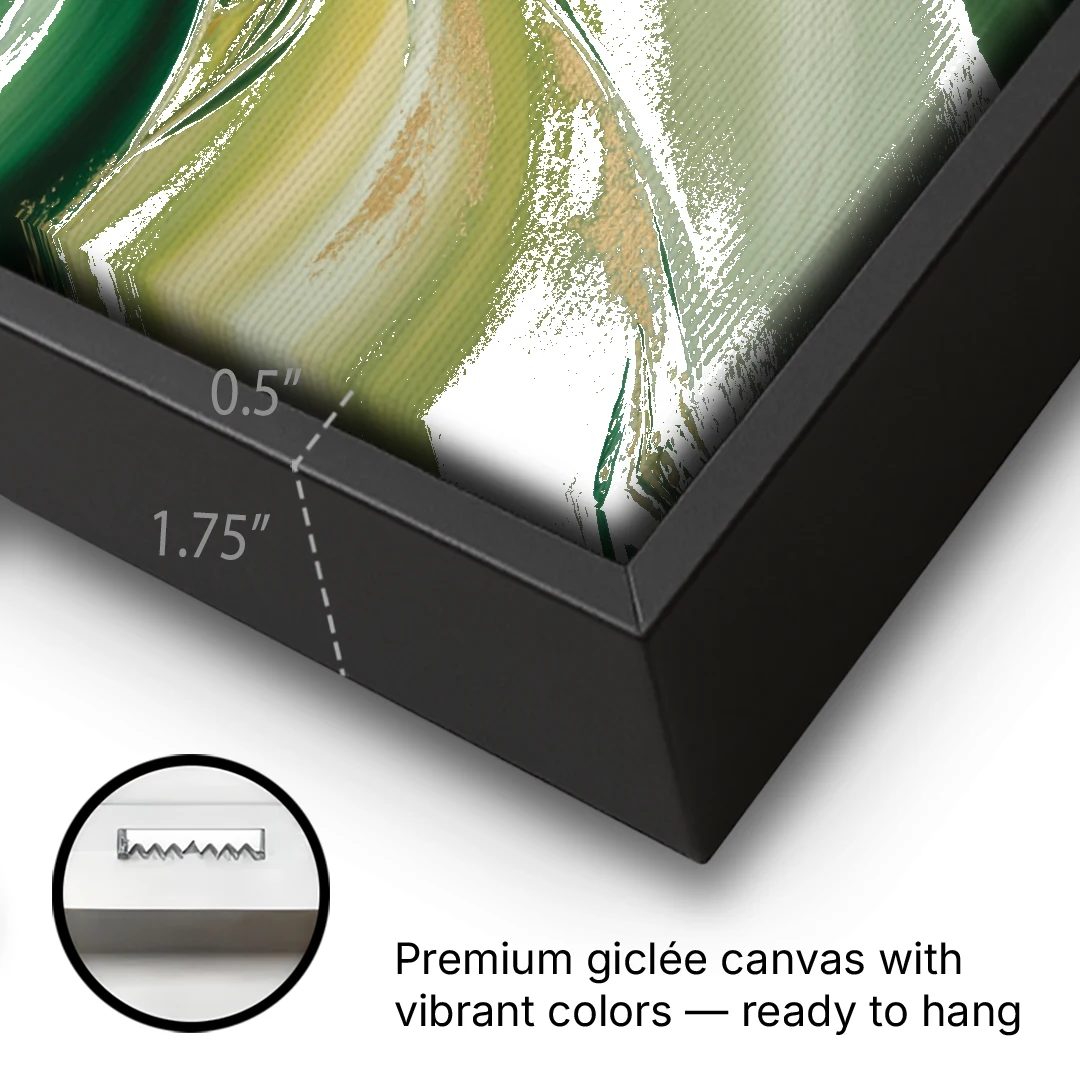 Opulent Harmony Green Abstract - Black Framed Canvas Wall Art - Gallery Wrap Corner