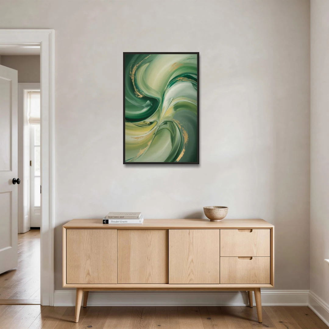 Opulent Harmony Green Abstract - Black Framed Canvas Wall Art - Coffee Table - 24x36