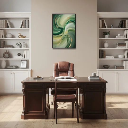 Opulent Harmony Green Abstract - Black Framed Canvas Wall Art - Office - 24x36