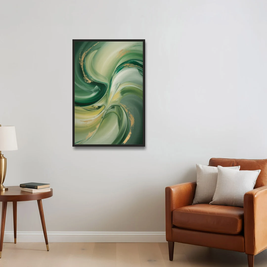 Opulent Harmony Green Abstract - Black Framed Canvas Wall Art - Sofa - 24x36