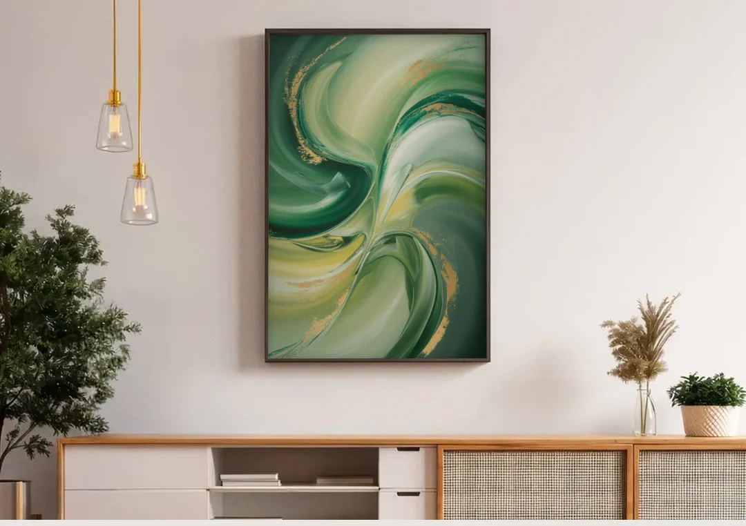 Opulent Harmony Green Abstract canvas wall art above a wooden sideboard under pendant lights