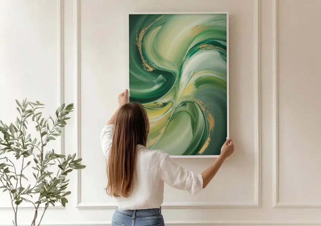 Opulent Harmony Green Abstract canvas wall art being hung on a paneled wall
