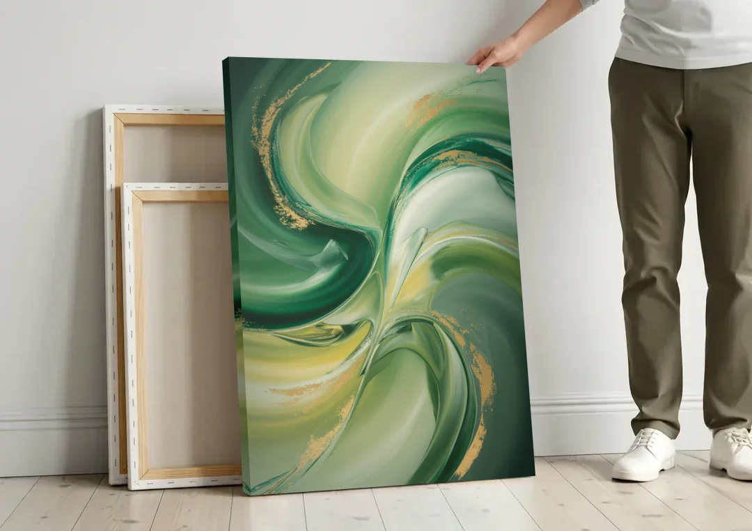 Opulent Harmony Green Abstract canvas wall art leaning against a wall next to blank canvases