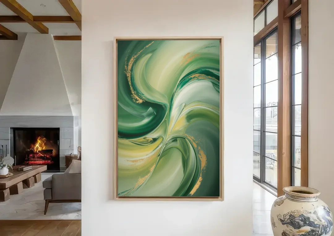 Opulent Harmony Green Abstract canvas wall art in a living room with a fireplace