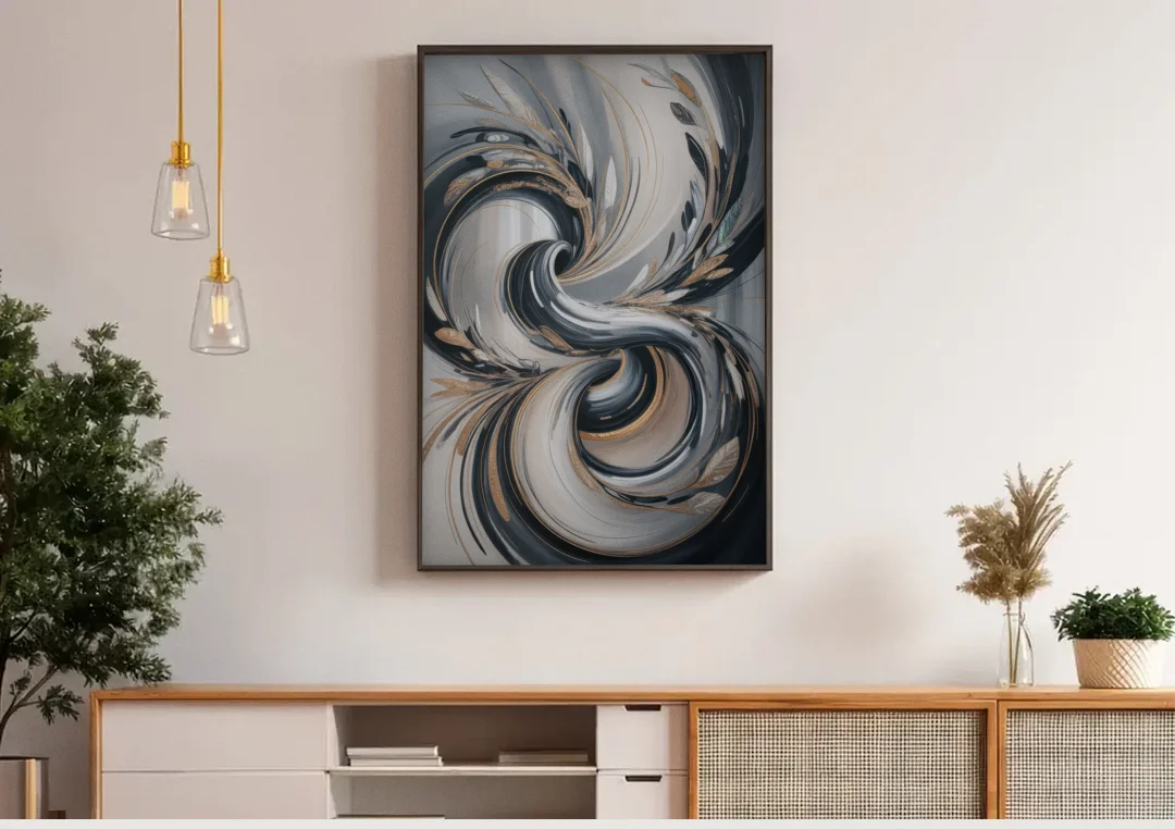 Opulent Iridescence Grey Abstract canvas wall art above a wooden sideboard under pendant lights