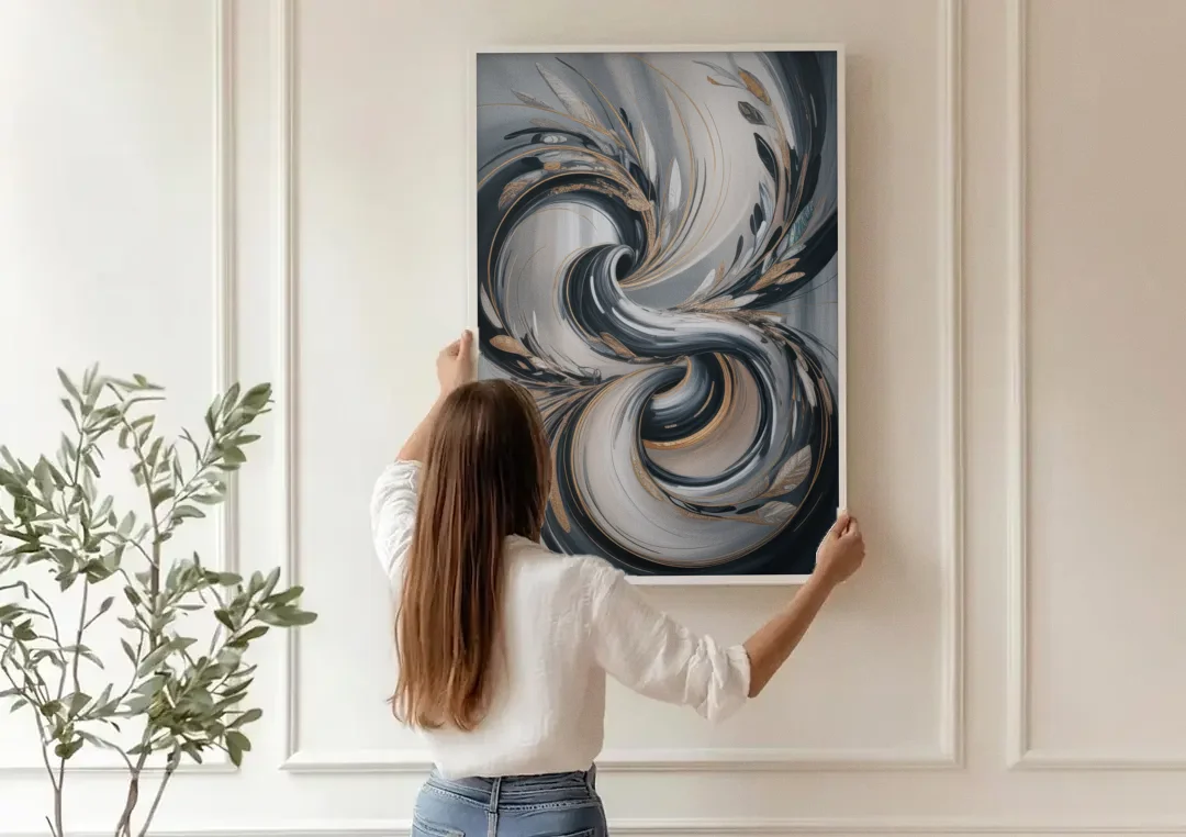 Opulent Iridescence Grey Abstract canvas wall art being hung on a paneled wall