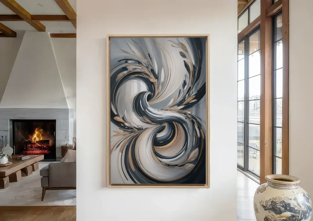 Opulent Iridescence Grey Abstract canvas wall art in a living room with a fireplace