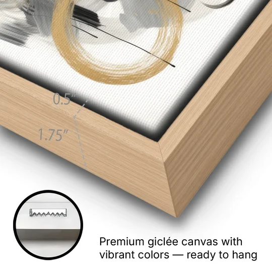 Opulent Movement Black White and Gold Abstract - Oak Framed Canvas Wall Art - Gallery Wrap Corner
