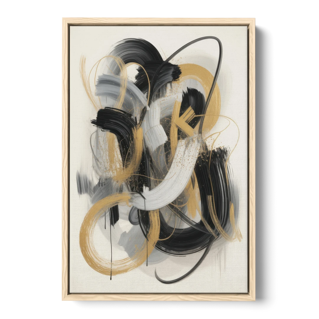 Opulent Movement Black White and Gold Abstract - Oak Framed Canvas Wall Art - Front