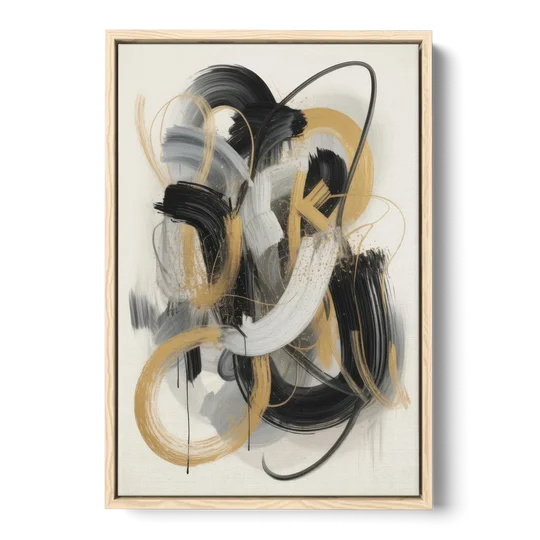 Opulent Movement Black White and Gold Abstract - Oak Framed Canvas Wall Art - Front