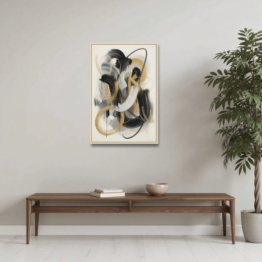 Opulent Movement Black White and Gold Abstract - Oak Framed Canvas Wall Art - Coffee Table - 24x36