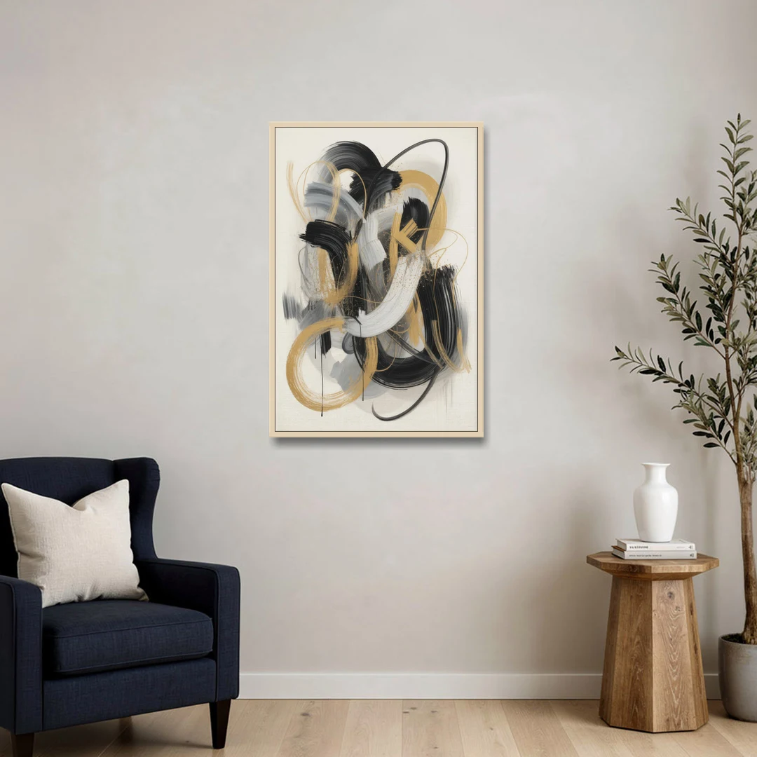Opulent Movement Black White and Gold Abstract - Oak Framed Canvas Wall Art - Sofa - 24x36