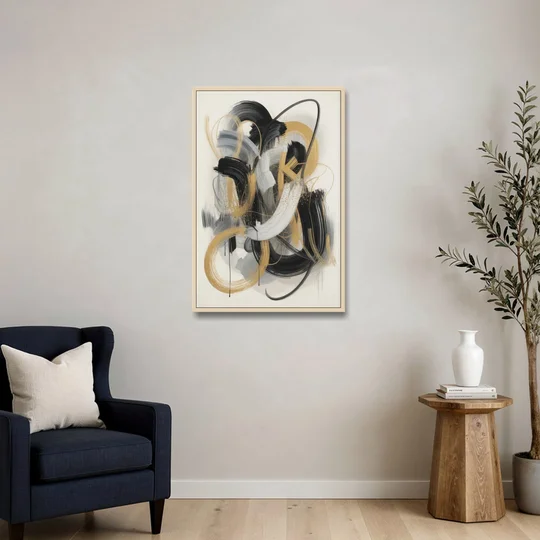 Opulent Movement Black White and Gold Abstract - Oak Framed Canvas Wall Art - Sofa - 24x36
