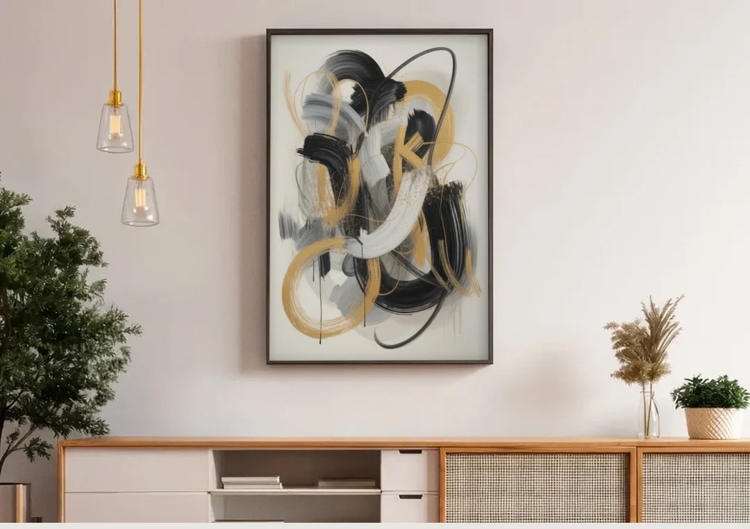 Opulent Movement Black White and Gold Abstract canvas wall art above a wooden sideboard under pendant lights