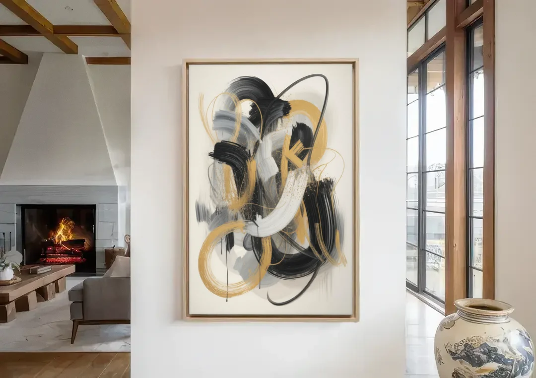 Opulent Movement Black White and Gold Abstract canvas wall art in a living room with a fireplace