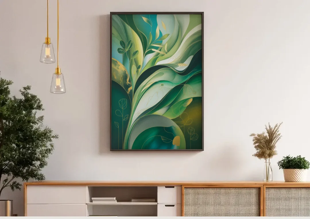 Opulent Nature Harmony Green Abstract canvas wall art above a wooden sideboard under pendant lights