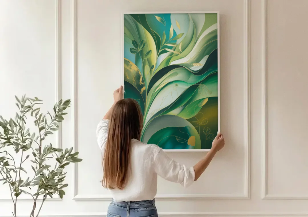 Opulent Nature Harmony Green Abstract canvas wall art being hung on a paneled wall